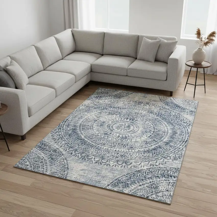 Blue And Ivory Medallion Washable Area Rug With UV Protection Photo 1