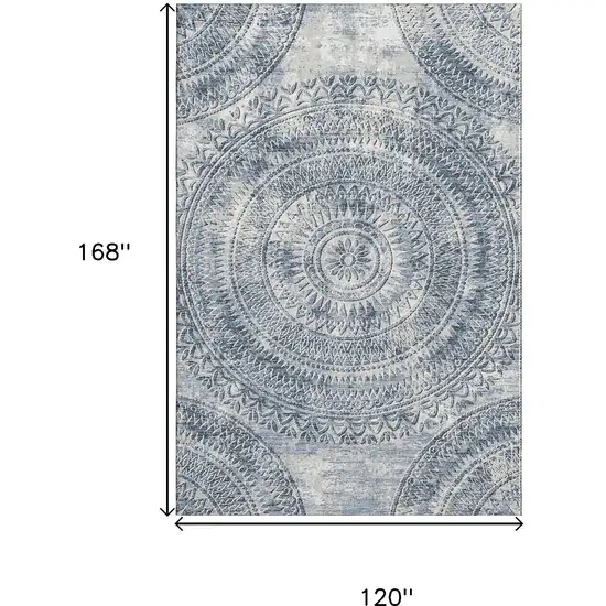 Blue And Ivory Medallion Washable Area Rug With UV Protection Photo 3