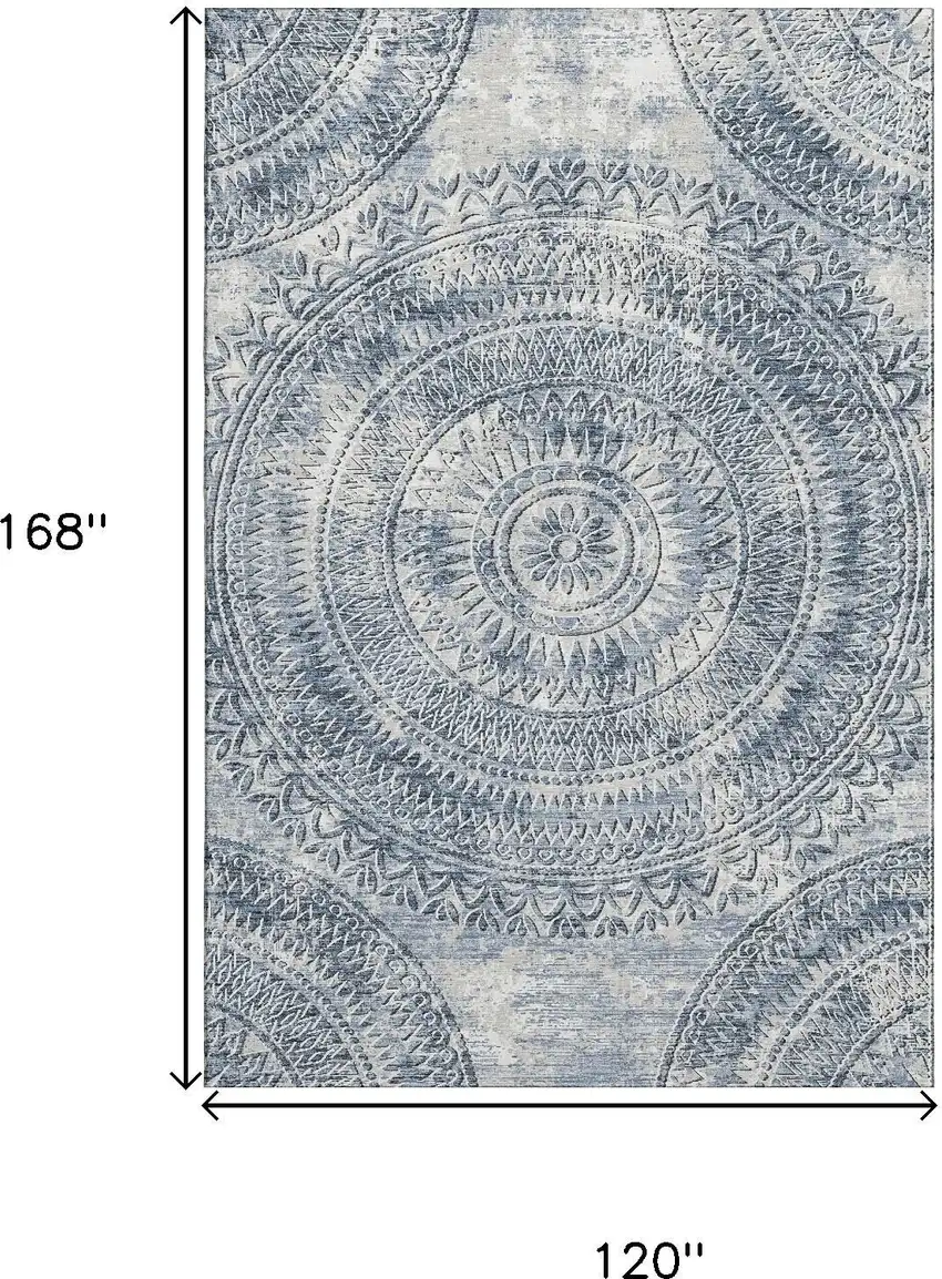 Blue And Ivory Medallion Washable Area Rug With UV Protection Photo 3