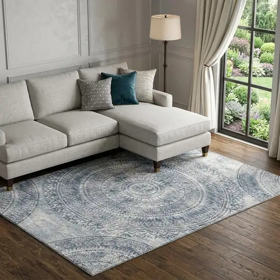 Blue And Ivory Medallion Washable Area Rug With UV Protection Photo 1