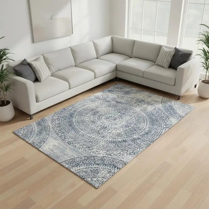 Blue And Ivory Medallion Washable Area Rug With UV Protection Photo 1