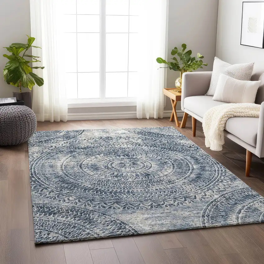 Blue And Ivory Medallion Washable Area Rug With UV Protection Photo 4