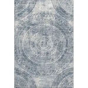 Photo of Blue And Ivory Medallion Washable Area Rug With UV Protection