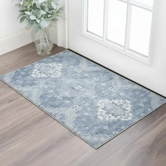 Blue And Ivory Medallion Washable Area Rug With UV Protection Photo 2