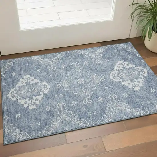 Blue And Ivory Medallion Washable Area Rug With UV Protection Photo 1