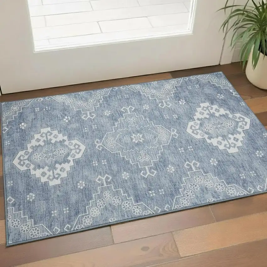 Blue And Ivory Medallion Washable Area Rug With UV Protection Photo 1