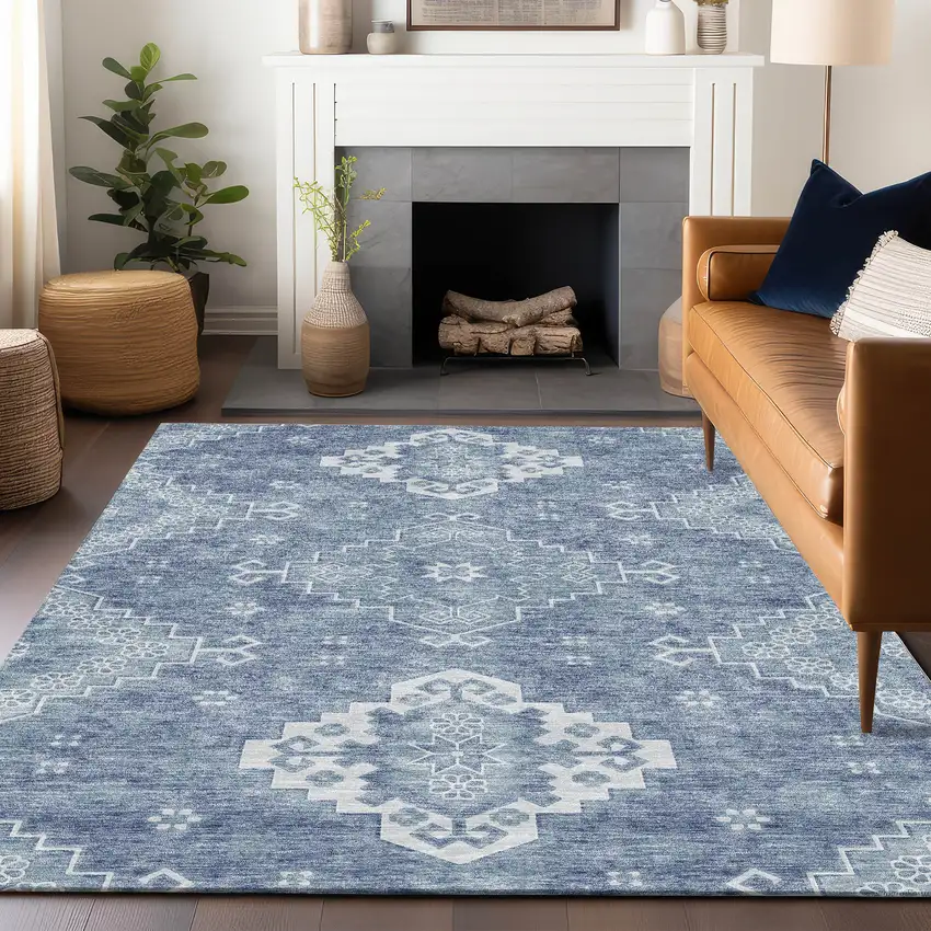 Blue And Ivory Medallion Washable Area Rug With UV Protection Photo 5
