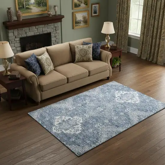 Blue And Ivory Medallion Washable Area Rug With UV Protection Photo 2