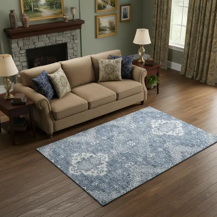 Blue And Ivory Medallion Washable Area Rug With UV Protection Photo 2