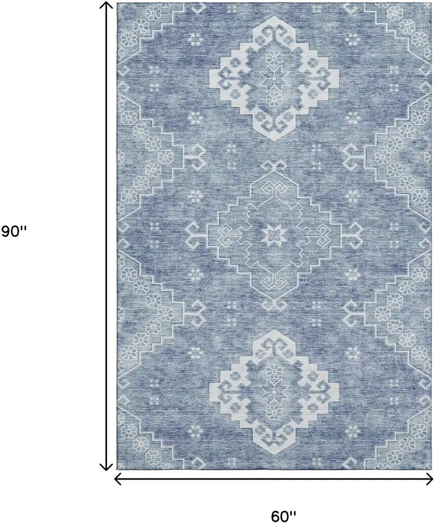 Blue And Ivory Medallion Washable Area Rug With UV Protection Photo 3