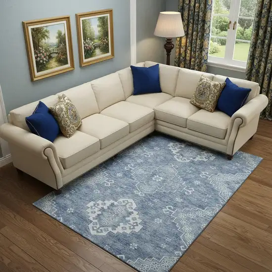 Blue And Ivory Medallion Washable Area Rug With UV Protection Photo 1