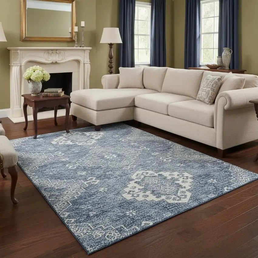 Blue And Ivory Medallion Washable Area Rug With UV Protection Photo 2