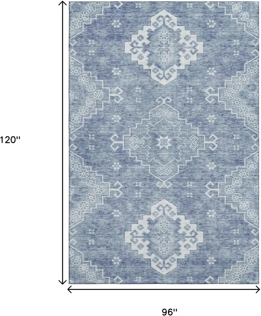 Blue And Ivory Medallion Washable Area Rug With UV Protection Photo 3