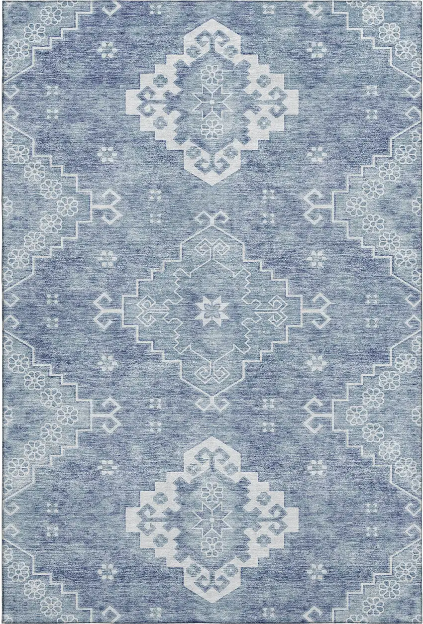 Blue And Ivory Medallion Washable Area Rug With UV Protection Photo 1