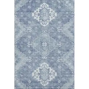 Photo of Blue And Ivory Medallion Washable Area Rug With UV Protection