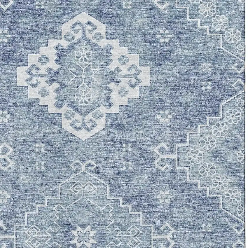 Blue And Ivory Medallion Washable Area Rug With UV Protection Photo 3