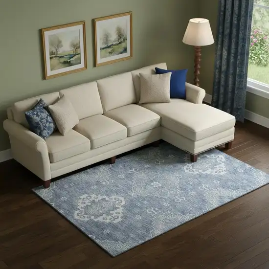 Blue And Ivory Medallion Washable Area Rug With UV Protection Photo 1