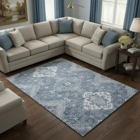 Blue And Ivory Medallion Washable Area Rug With UV Protection Photo 2