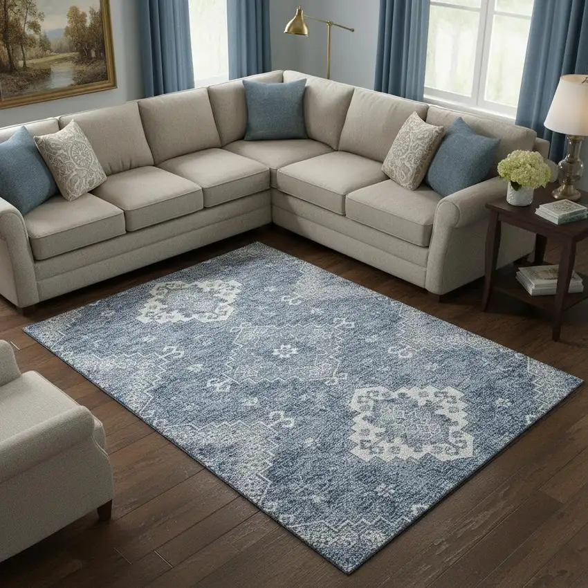 Blue And Ivory Medallion Washable Area Rug With UV Protection Photo 2