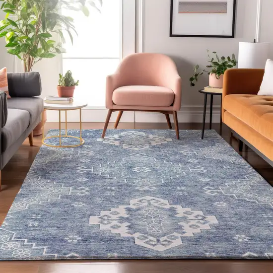 Blue And Ivory Medallion Washable Area Rug With UV Protection Photo 5