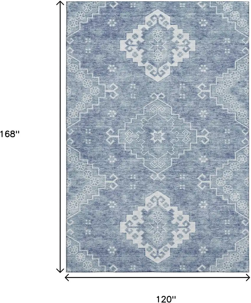 Blue And Ivory Medallion Washable Area Rug With UV Protection Photo 3