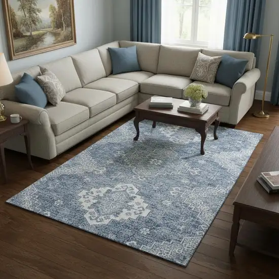 Blue And Ivory Medallion Washable Area Rug With UV Protection Photo 2