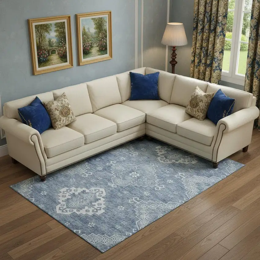 Blue And Ivory Medallion Washable Area Rug With UV Protection Photo 1