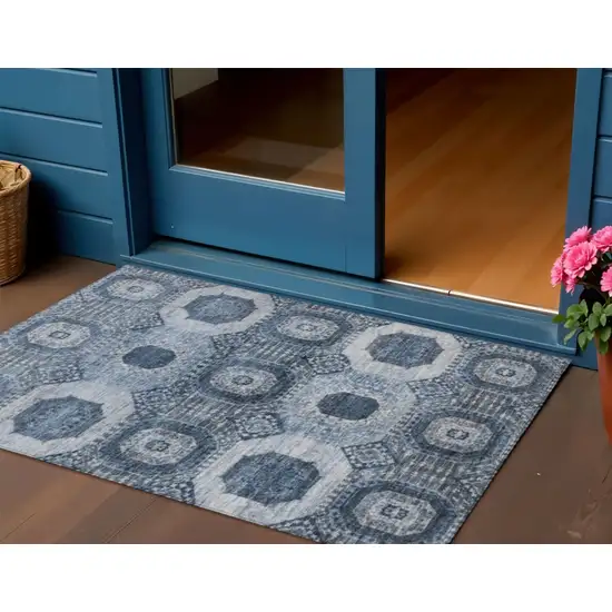 Blue And Ivory Medallion Washable Indoor Outdoor Area Rug Photo 2
