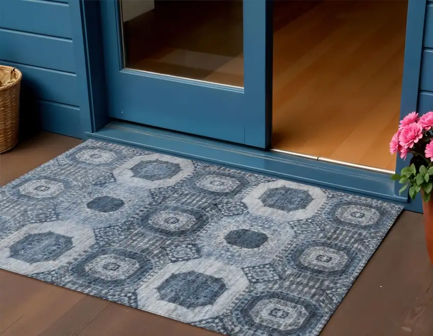 Blue And Ivory Medallion Washable Indoor Outdoor Area Rug Photo 2