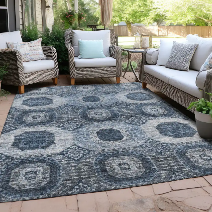 Blue And Ivory Medallion Washable Indoor Outdoor Area Rug Photo 5