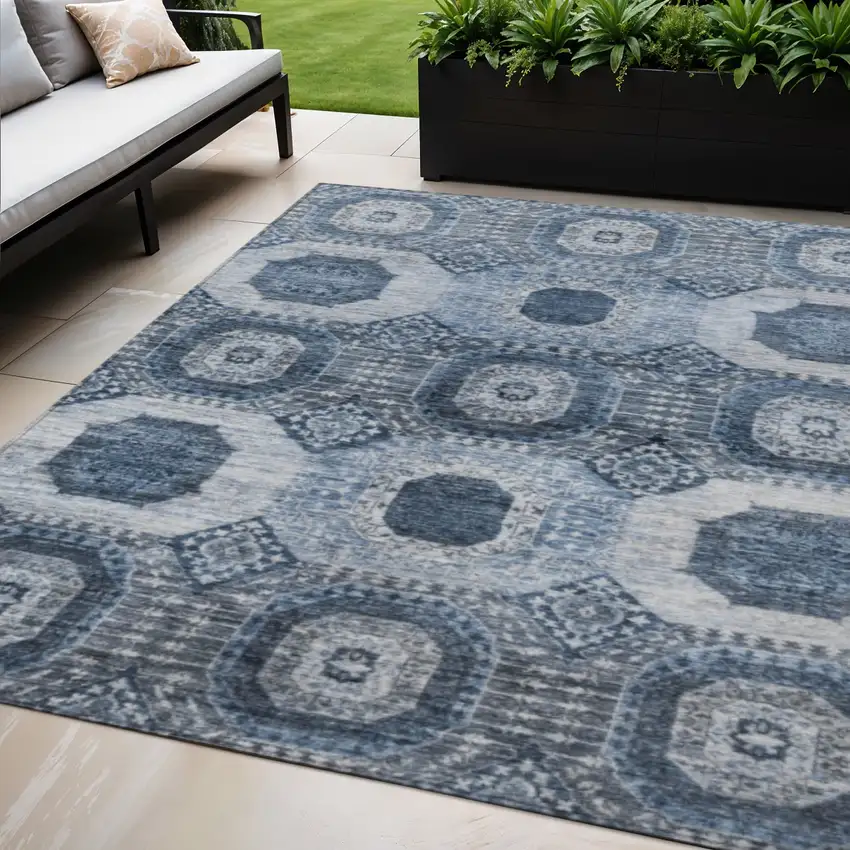 Blue And Ivory Medallion Washable Indoor Outdoor Area Rug Photo 2