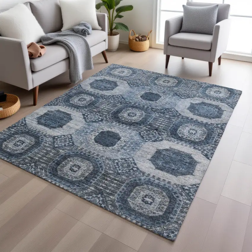 Blue And Ivory Medallion Washable Indoor Outdoor Area Rug Photo 6