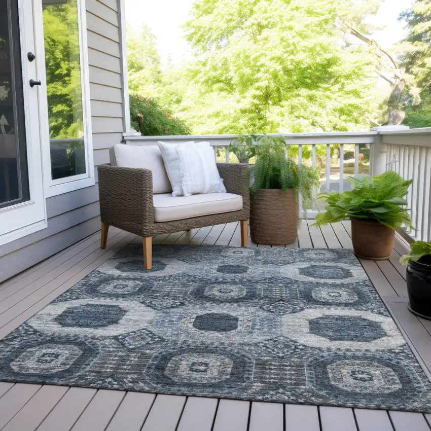 Blue And Ivory Medallion Washable Indoor Outdoor Area Rug Photo 8