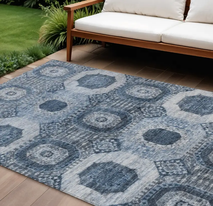 Blue And Ivory Medallion Washable Indoor Outdoor Area Rug Photo 2