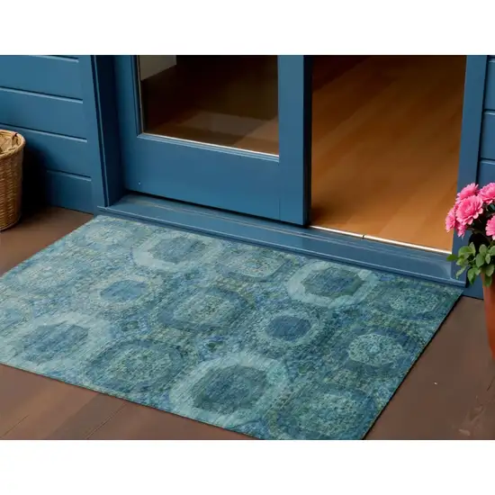 Blue And Ivory Medallion Washable Indoor Outdoor Area Rug Photo 2