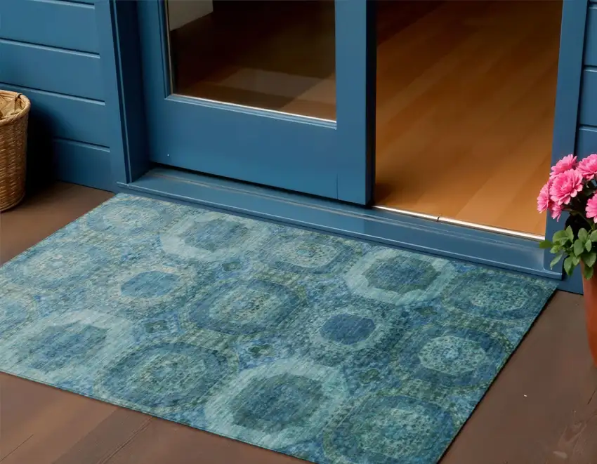 Blue And Ivory Medallion Washable Indoor Outdoor Area Rug Photo 2