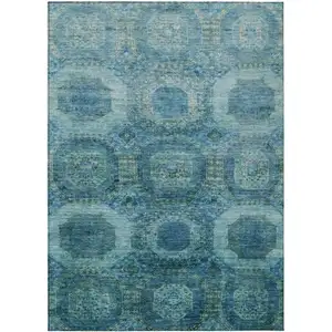 Photo of Blue And Ivory Medallion Washable Indoor Outdoor Area Rug