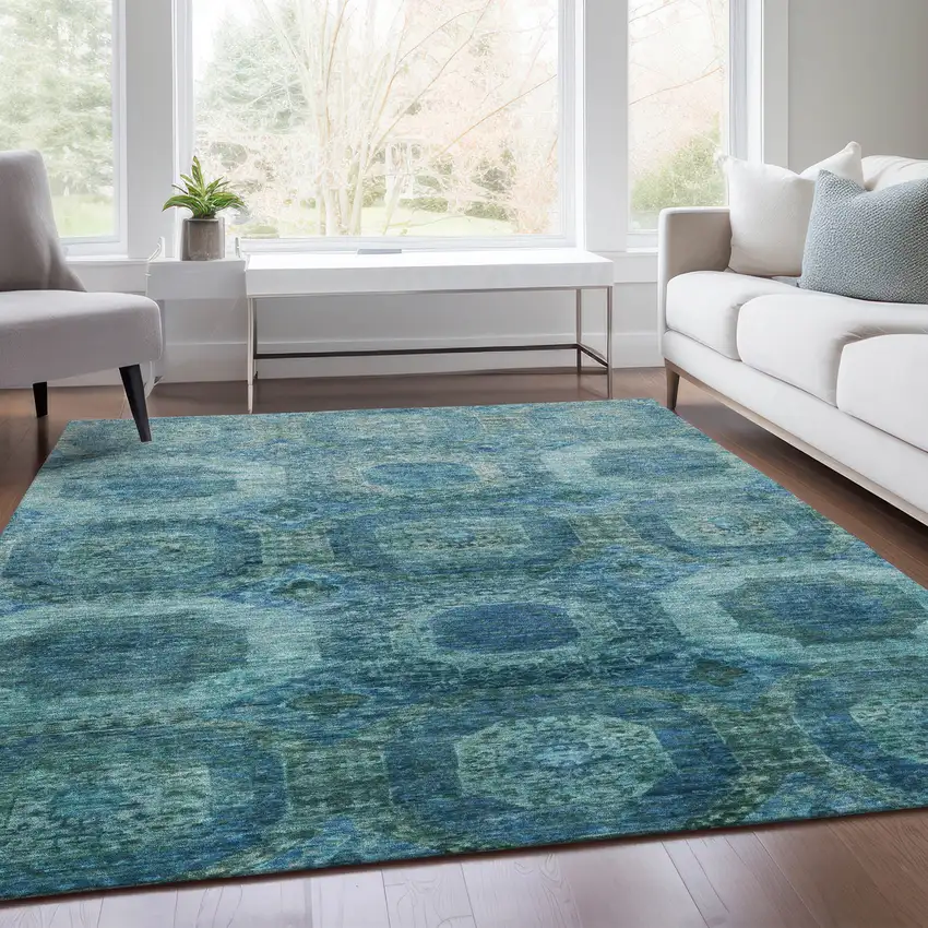 Blue And Ivory Medallion Washable Indoor Outdoor Area Rug Photo 7