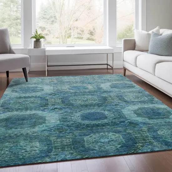 Blue And Ivory Medallion Washable Indoor Outdoor Area Rug Photo 7