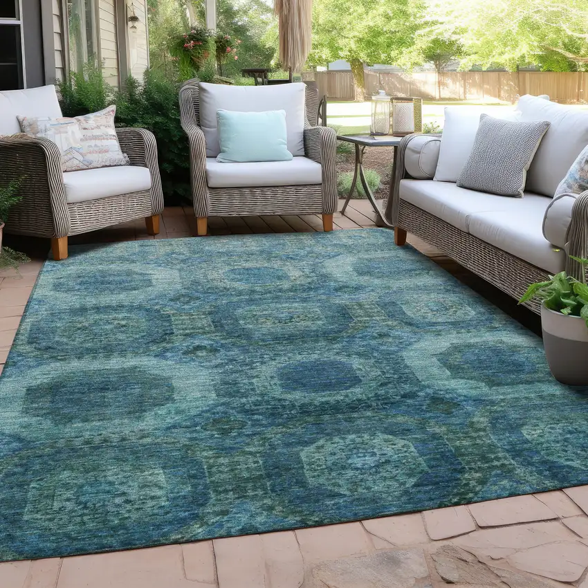 Blue And Ivory Medallion Washable Indoor Outdoor Area Rug Photo 5