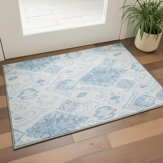 Blue And Ivory Moroccan Washable Area Rug With UV Protection Photo 2