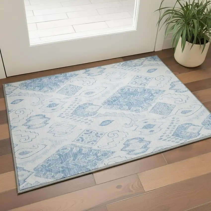 Blue And Ivory Moroccan Washable Area Rug With UV Protection Photo 2