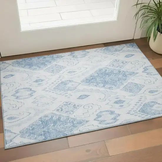 Blue And Ivory Moroccan Washable Area Rug With UV Protection Photo 1