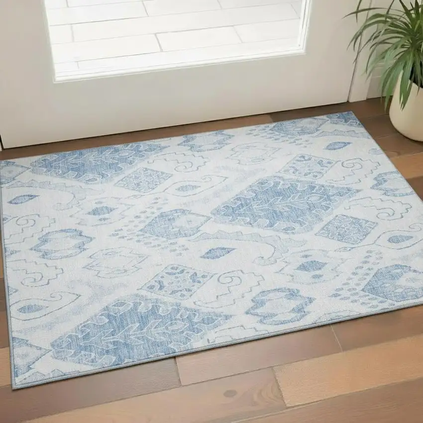Blue And Ivory Moroccan Washable Area Rug With UV Protection Photo 1