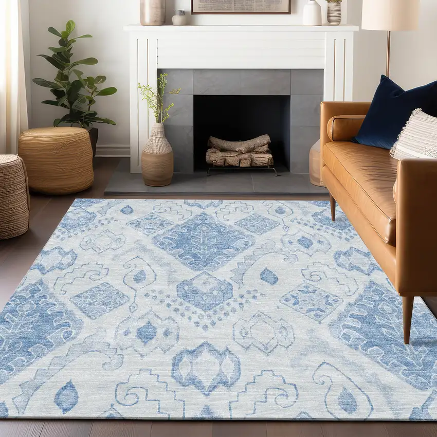 Blue And Ivory Moroccan Washable Area Rug With UV Protection Photo 6