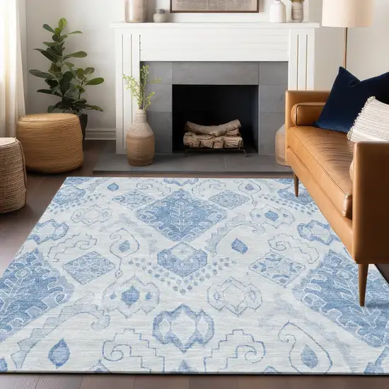 Blue And Ivory Moroccan Washable Area Rug With UV Protection Photo 6