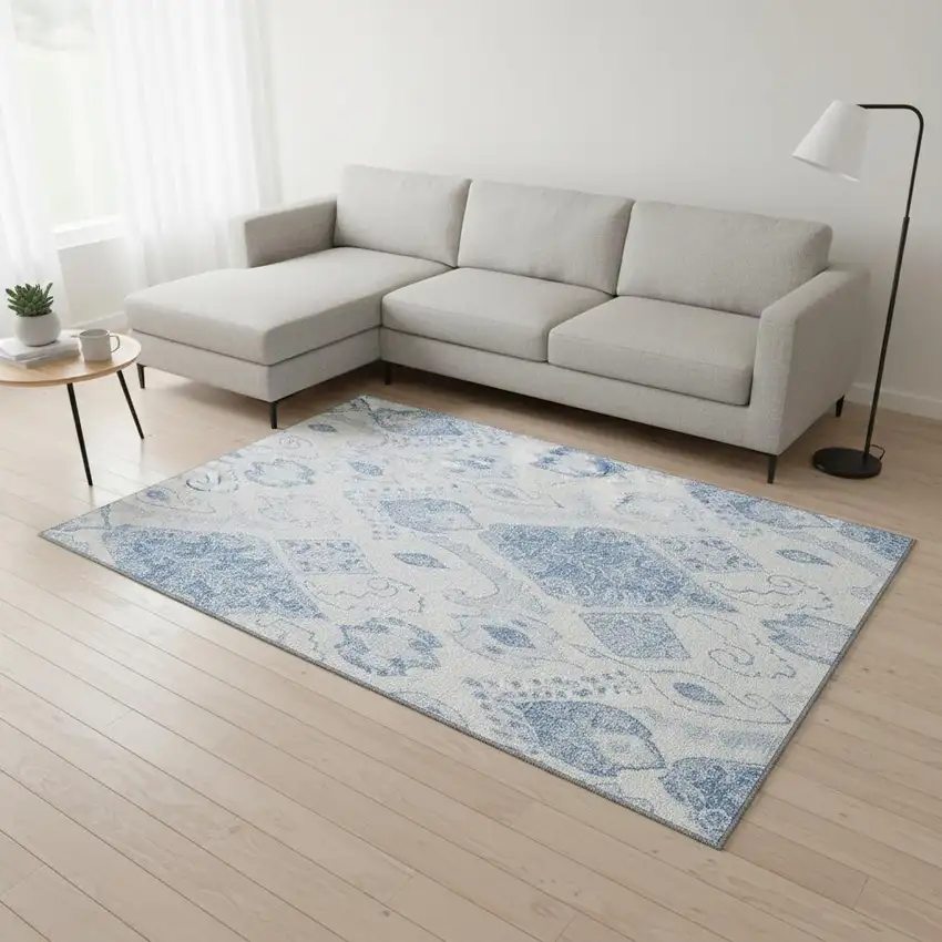 Blue And Ivory Moroccan Washable Area Rug With UV Protection Photo 2