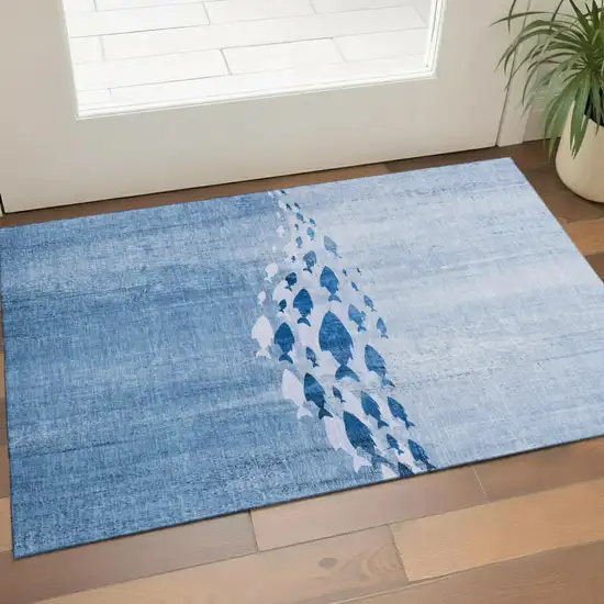 Blue And Ivory Nautical Washable Area Rug With UV Protection Photo 1