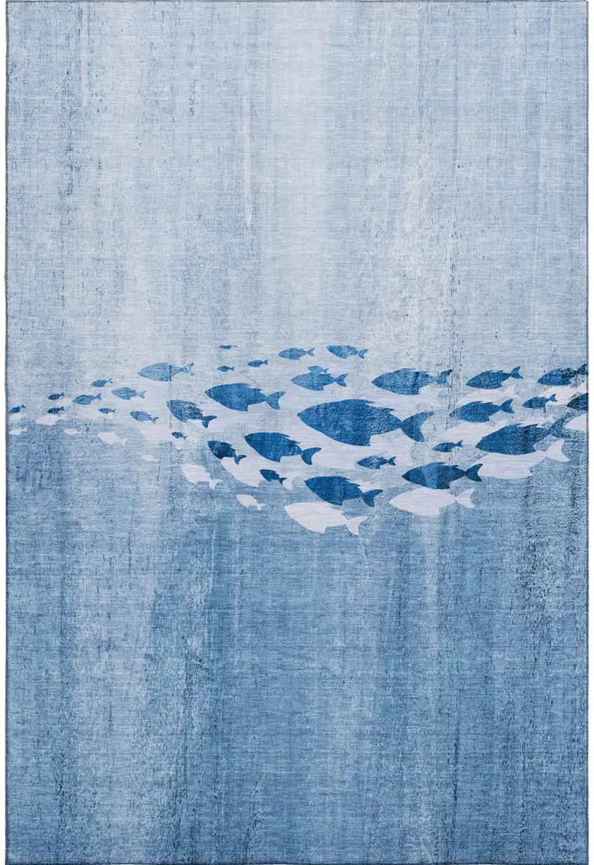 Blue And Ivory Nautical Washable Area Rug With UV Protection Photo 1