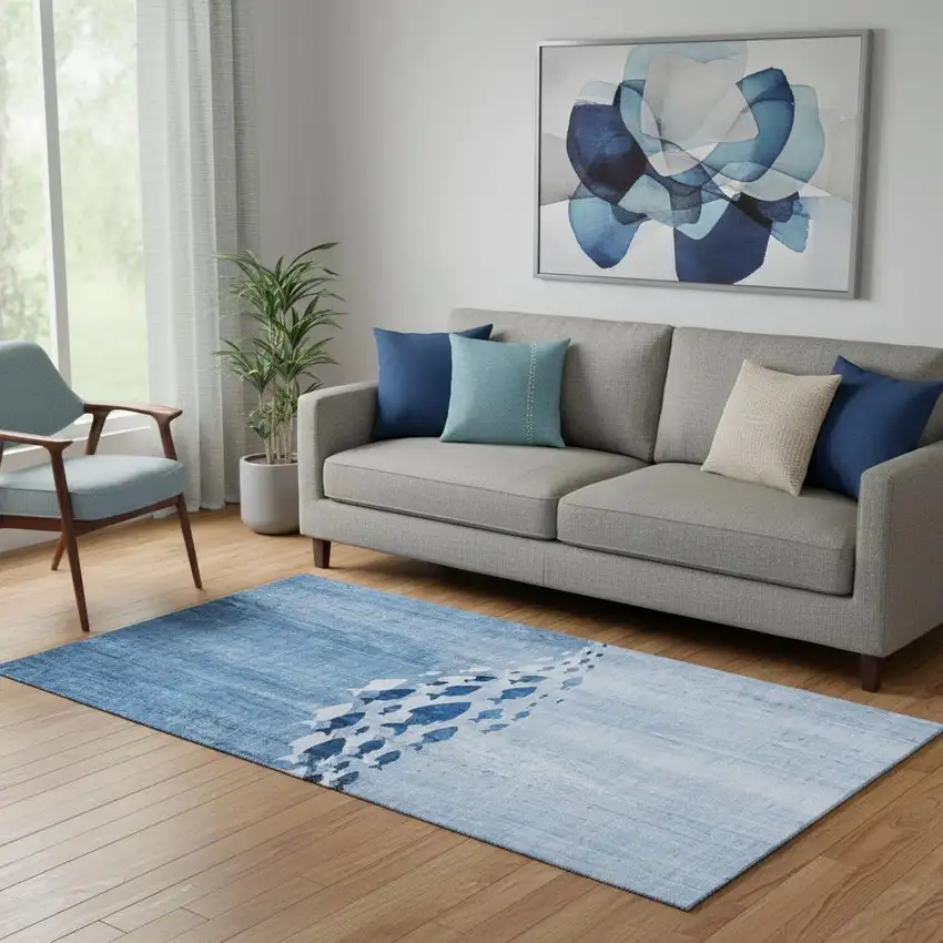 Blue And Ivory Nautical Washable Area Rug With UV Protection Photo 1